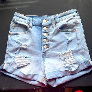 Light washed super high rise midi shorts